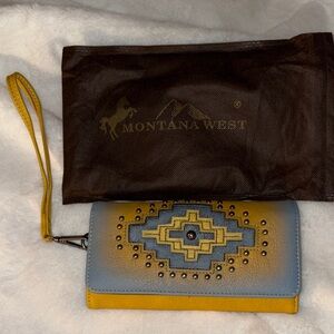 NWOT Montana West Blue and Yellow Wallet/Wristlet Clutch with Dust Bag